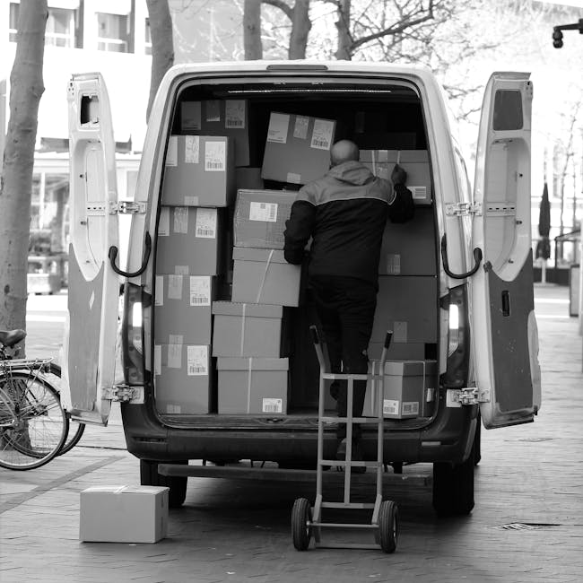 A man wearing a dark jacket is standing inside the open rear doors of a large white van, surrounded by numerous cardboard boxes of varying sizes that are stacked and arranged on the van's cargo area f